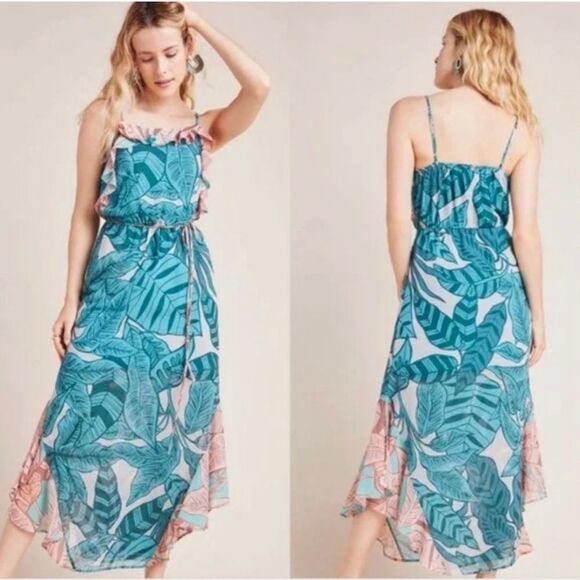 Anthropologie FARM Rio Ruffled Botanical Maxi Dress Leaf Print Teal Pink Size LP - Picture 1 of 13